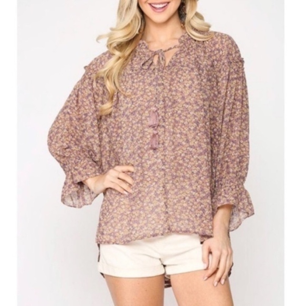 Light Mauve / Brown Ditzy Floral Chiffon PeasantTassel Tie Top Blouse NEW